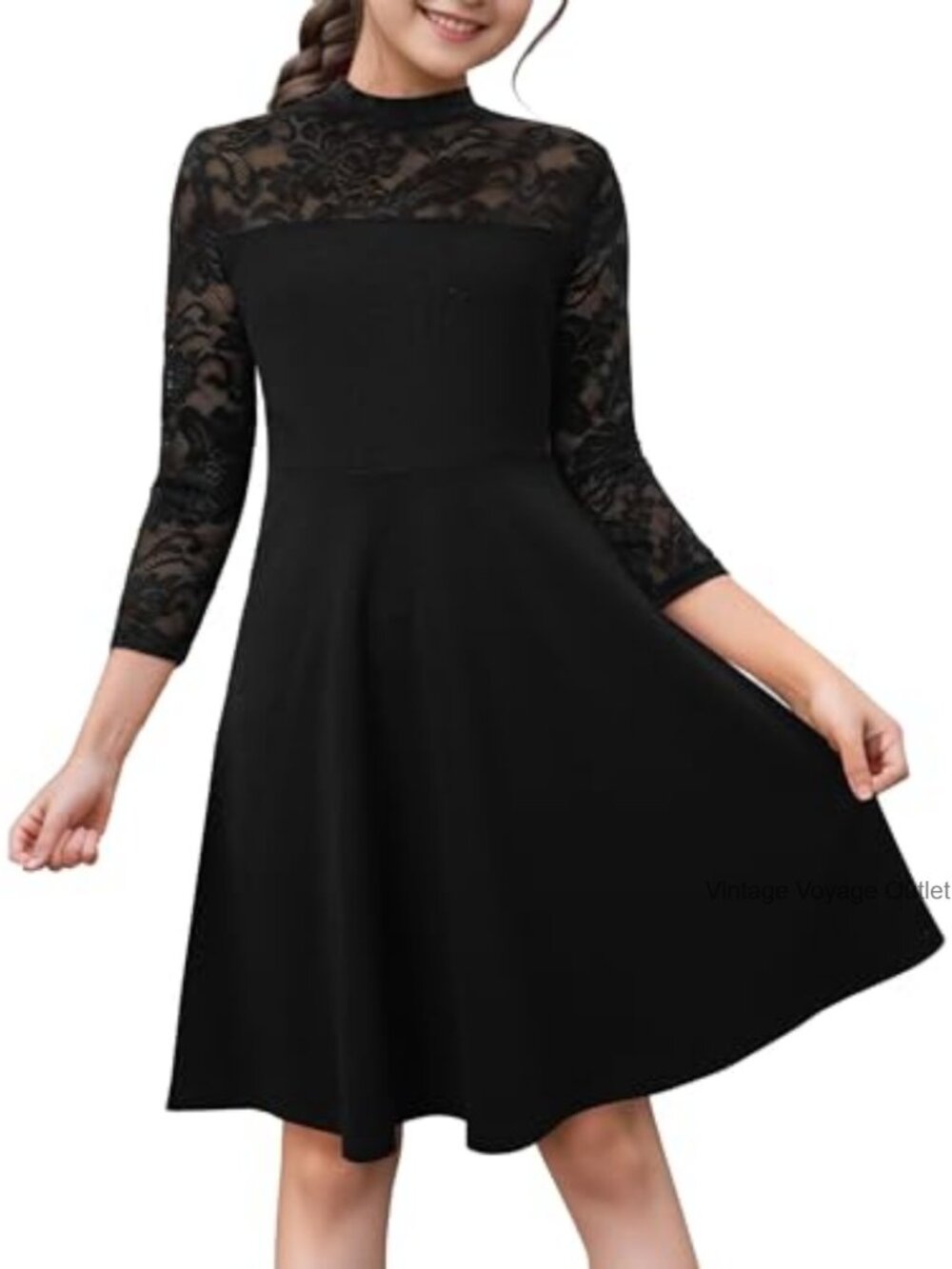 Elegant Floral Lace A-Line Dress 3/4 Sleeve for Girls Formal Wedding Party